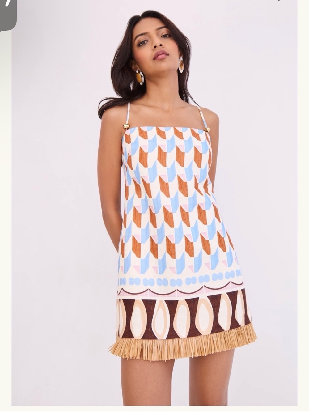 Cara Cara White, Light Blue & Tan Geometric Mini Dress with Fringe